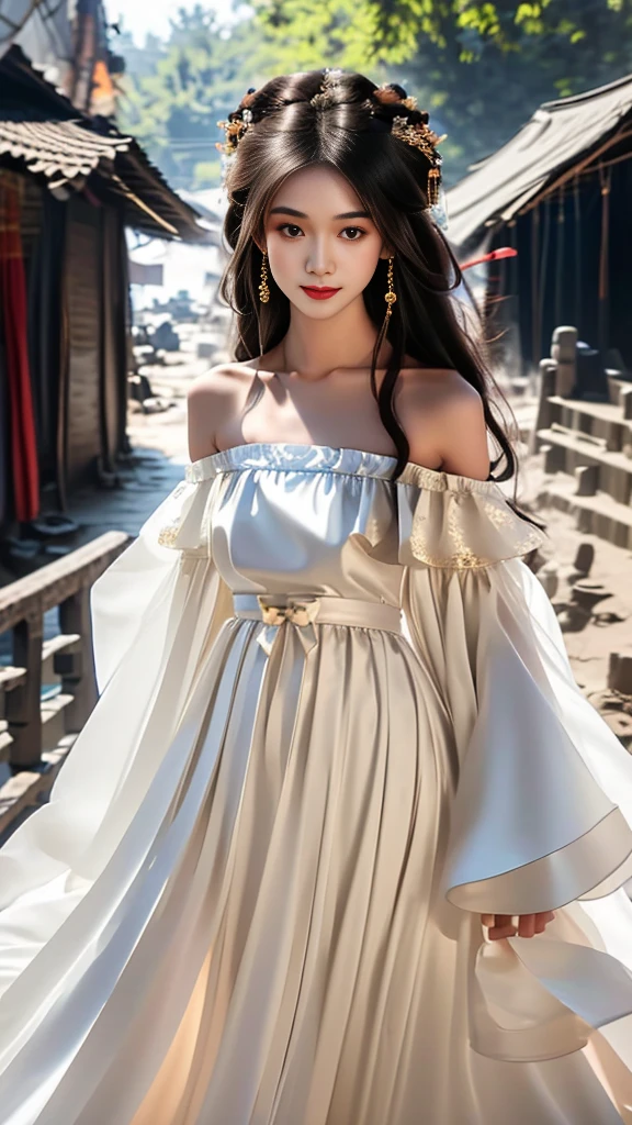 Girl in traditional Chinese clothing, Hanfu, Guzhen Hanfu women, White Hanfu,long straight black hair, black eyes, black bun hairstyle, hair accessories ,white diamond earrings, Bangle Diameter, Dia Necklace, Clear eyes, Facing forward,put on makeup, Long eyelashes ,(Long shoulder coat:1.5), (long white skirt:1.5), ((Whole body)), ((from below))ฃ, Clear face, , (Very beautiful face, Beautiful mouth, beautiful eyes), detailed face, ((Ultra-fine skin)), In the dark, deep shadows, an ancient Chinese girl (Very slim figure 1.3) ,Plump breasts, sexy slender legs elegant posture (smile brightly) ,(slum:1.5),