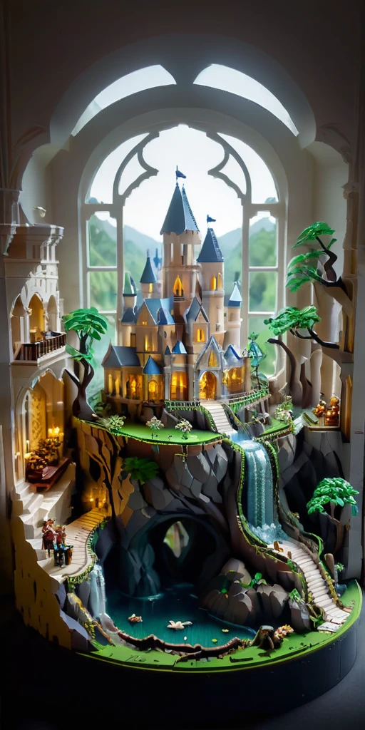 A high-resolution image of a LEGO world crafted from crystal blocks. The scene features majestic castles with thrones inside, all sparkling in the light. Deer, birds, foxes, and lions are intricately built from crystal LEGO pieces, bringing the landscape to life. Surrounding the castles are vibrant flowers and lush vines, adding natural beauty to the setting. The environment includes complex mazes made of trees, enhancing the whimsical and enchanting atmosphere. The lighting is bright, highlighting the translucent quality of the crystal blocks and the detailed craftsmanship of the LEGO structures.