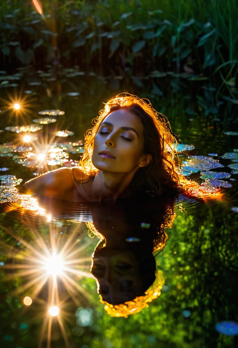 lighting coming from below, dappled reflections, caustics, sun glitter, night, pond, bathing woman looking at the camera