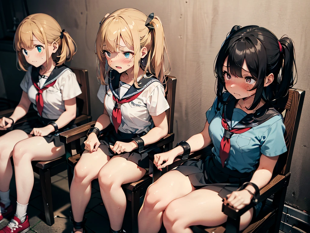 3  girls, tied to chairs, strapped to chairs, (ankle cuffs, wrist cuffs, ankles tied, wrists tied), ((inside basement, torture room)), (blushing:1.5), (worried:1.5), (agony face:1.5), ((blushing, agony face, worried, scared)), (tight clothing, short sleeves, sailor uniform, mini skirt), perfect body, perfect eyes, beautiful eyes, detailed eyes, big thighs, provocative