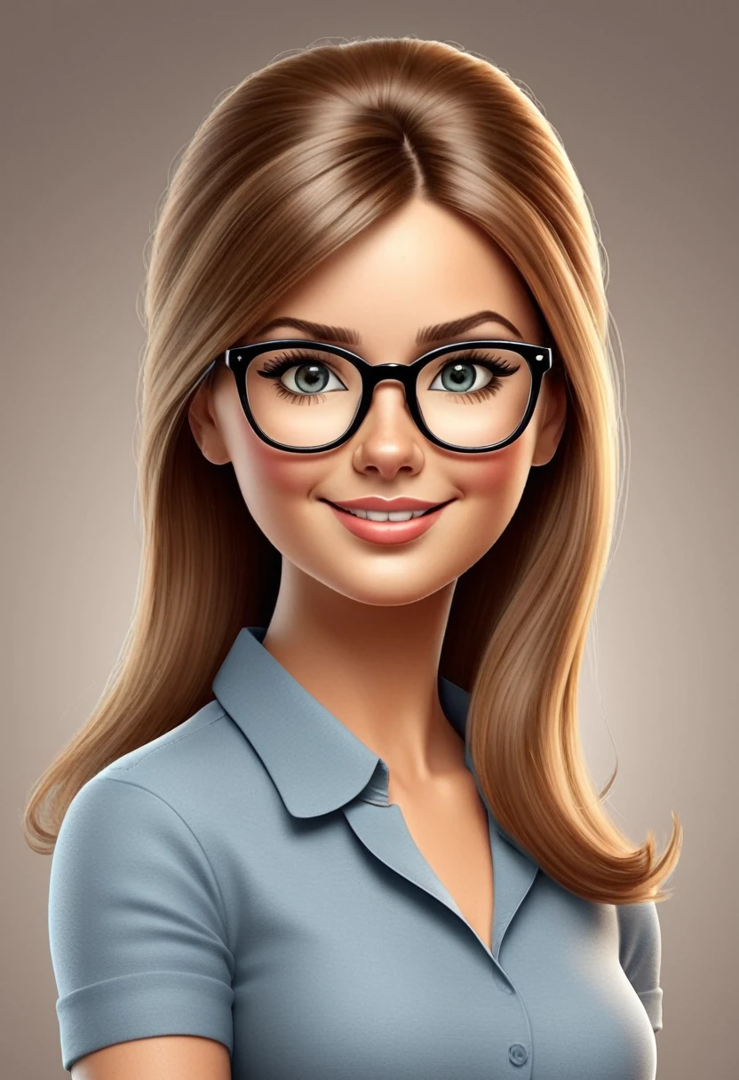 Realistic animation 3d caricature girl with oval face and beautiful eyes wearing glasses,