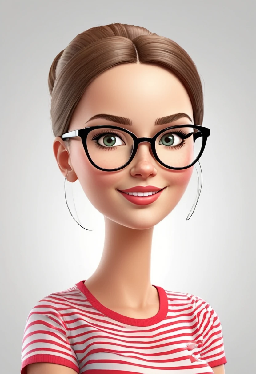 Realistic animation 3d caricature girl with oval face  and beautiful eyes wearing glasses,