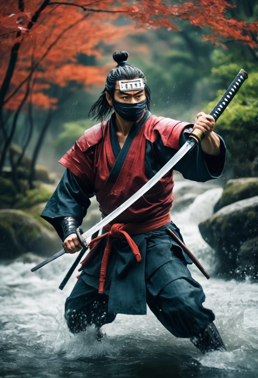 best quality，Ultra-fine，warrior samurai in water ，Air，One hand holding a katana，Face mask，fighting，Dodge，avoid，lifelike，photorealism：1.37），bright colors，clear focus，Defocused，（fantasy：1.2），（mystical landscapes），（dynamic poses：1.37），（intense gaze），（Extraordinary power），（the power of myth），black ，rainy day，Wounds on the body，splash
