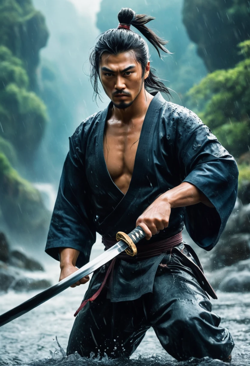 best quality,Ultra-fine,warrior samurai in water ,Air,One hand holding a katana,Face mask,fighting,Dodge,avoid,lifelike,photorealism:1.37),bright colors,clear focus,Defocused,(fantasy:1.2),(mystical landscapes),(dynamic poses:1.37),(intense gaze),(Extraordinary power),(the power of myth),black ,rainy day,Wounds on the body,splash