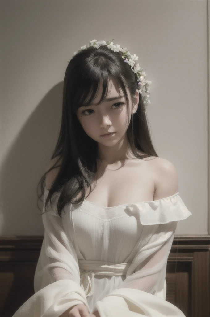 Best quality, masterpiece, ultra high res, (photorealistic:1.4), raw photo, (Authentic skin texture:1.3), (film grain:1.3), panorama, character portrait, very wide shot, narrow waist, cowboy shot, (in the dark, deep shadow, low key, cold light,) night, close-up, streaming tears,
indoor, dust, Tyndall effect, sad, disappointed, gloom (expression), sitting, (against wall), crying, frown, (head bowed), nervous, tearing up, lonely,
1girl, beautiful detailed eyes and face, white jabot, off shoulder, brown eyes,
