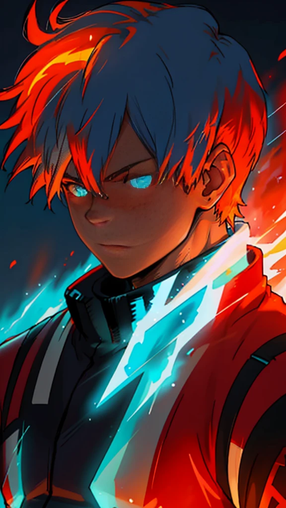 Shoto Todoroki,neon glow effect,half ice half fire,ice side with frosty blue and white,fire side with vibrant red and orange flames,dynamic pose,detailed background,complementary neon glow effects,masterpiece,best quality,8k,photorealistic,ultra-detailed,concept art,digital painting