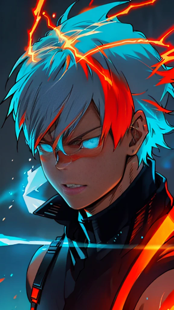 Shoto Todoroki,neon glow effect,half ice half fire,ice side with frosty blue and white,fire side with vibrant red and orange flames,dynamic pose,detailed background,complementary neon glow effects,masterpiece,best quality,8k,photorealistic,ultra-detailed,concept art,digital painting