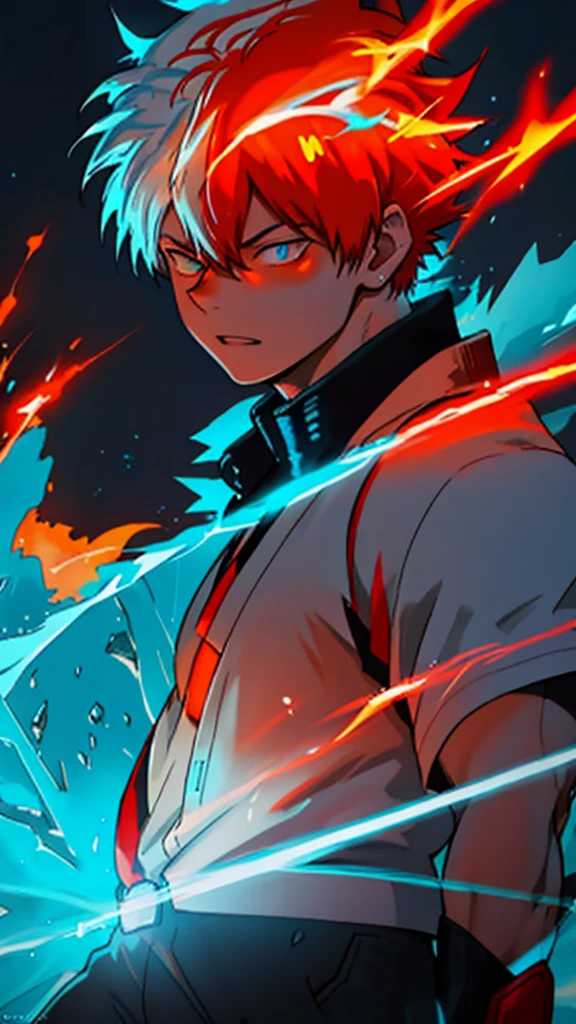 Shoto Todoroki,neon glow effect,half ice half fire,ice side with frosty blue and white,fire side with vibrant red and orange flames,dynamic pose,detailed background,complementary neon glow effects,masterpiece,best quality,8k,photorealistic,ultra-detailed,concept art,digital painting