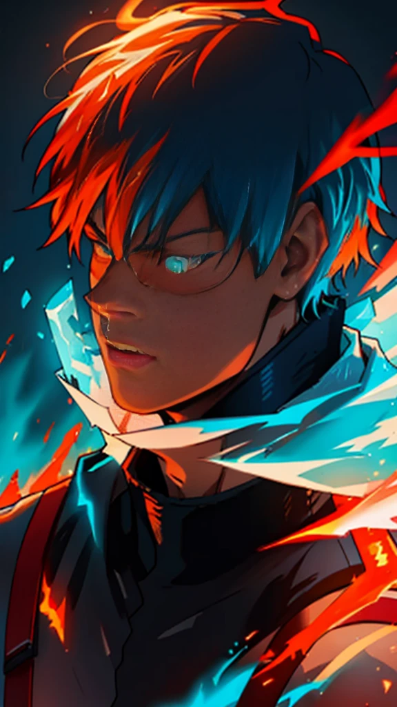 Shoto Todoroki,neon glow effect,half ice half fire,ice side with frosty blue and white,fire side with vibrant red and orange flames,dynamic pose,detailed background,complementary neon glow effects,masterpiece,best quality,8k,photorealistic,ultra-detailed,concept art,digital painting