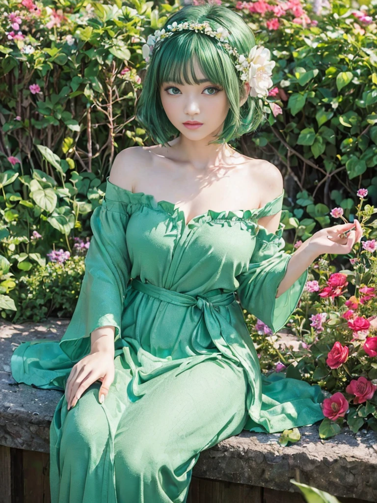 (masterpiece、8K、Very detailed、Highest quality:1.5),((So cute)),Best image quality,1 female,Two-dimensional beauty,(short hair,Emerald Hair,Emerald Eyes:1.3),(Beautiful flower garden:1.3),(She is wearing a long, emerald-covered robe..),jewelry,(petal headband:1.3),Bare shoulders,Sitting on one&#39;kneel in a flower field,smile,Beautifully detailed by hand