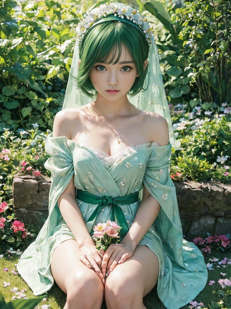 (masterpiece、8K、Very detailed、Highest quality:1.5),((So cute)),Best image quality,1 female,Two-dimensional beauty,(short hair,Emerald Hair,Emerald Eyes:1.3),(Beautiful flower garden:1.3),(She is wearing a long, emerald-covered robe..),jewelry,(petal headband:1.3),Bare shoulders,Sitting on one&#39;kneel in a flower field,smile,Beautifully detailed by hand