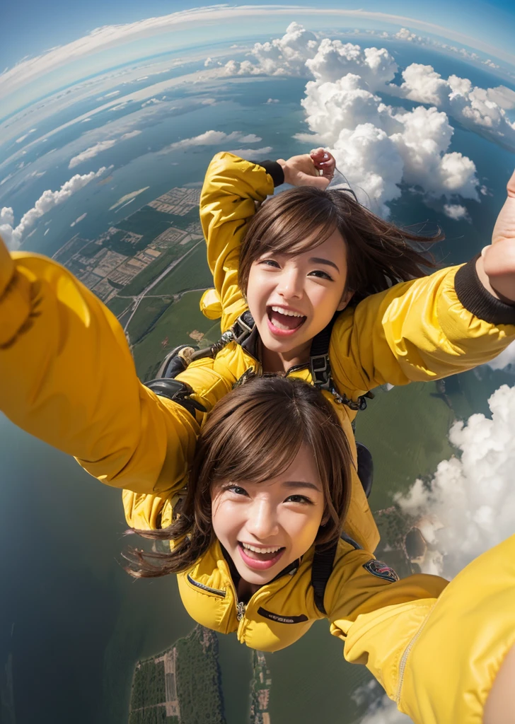 Eat pancakes,Flat Chest、(Slim body)、((Slim body))、Long Hair,Straight Bangs,Embarrassing,masterpiece,(((Brown Hair)))、A WOMAN skydiving in air in lots of yellow clouds A city floating on many yellow clouds ((masterpiece)), ((Highest quality))), ((Super detailed)), 超High resolution, 8K, ((High resolution))), ((figure)), ((Realistic)), A woman in a yellow space suit skydiving into the air、Taking a selfie in a floating city, Background Show (Highest quality,4K,8K,A High resolution,masterpiece:1.2), Super detailed,(Realistic,PhotoRealistic,photo-Realistic:1.37), Futuristic floating city, Future Technology, Huge high-tech tablet platform,Floating in the sky, Future City, Small airships all around, High-tech hemispherical platform, A city floating on many yellow clouds, A city on a dusty cloud, Yellow clouds at the bottom, Golden orange yellow ,sunset, Hot Weather, The enthusiasm of girls taking selfies, laughing, Girl in a yellow space suit, Dusty environment, hot summer, Desert Weather. 魚眼figure, Cloudy