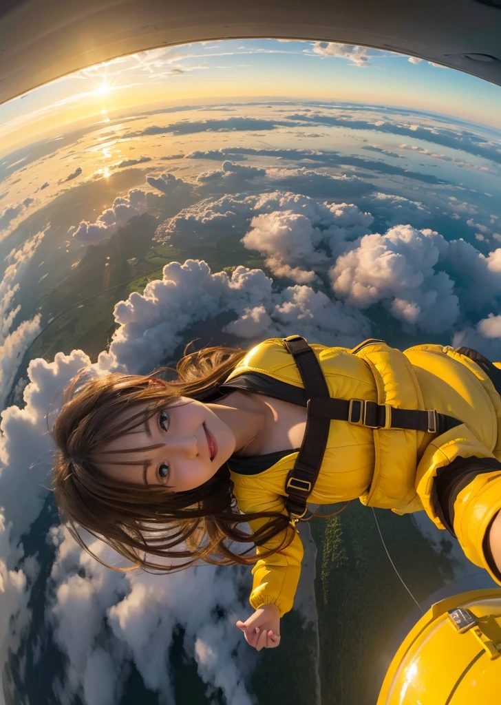 Eat pancakes,Flat Chest、(Slim body）、((Slim body))、Long Hair,Straight Bangs,Embarrassing,masterpiece,(((Brown Hair)))、A WOMAN skydiving in air in lots of yellow clouds A city floating on many yellow clouds ((masterpiece)), ((Highest quality))), ((Super detailed)), 超High resolution, 8K, ((High resolution))), ((figure)), ((Realistic)), A woman in a yellow space suit skydiving into the air、Taking a selfie in a floating city, Background Show (Highest quality,4K,8K,A High resolution,masterpiece:1.2), Super detailed,(Realistic,PhotoRealistic,photo-Realistic:1.37), Futuristic floating city, Future Technology, Huge high-tech tablet platform,Floating in the sky, Future City, Small airships all around, High-tech hemispherical platform, A city floating on many yellow clouds, A city on a dusty cloud, Yellow clouds at the bottom, Golden orange yellow ,sunset, Hot Weather, The enthusiasm of girls taking selfies, laughing, Girl in a yellow space suit, Dusty environment, hot summer, Desert Weather. 魚眼figure, Cloudy

