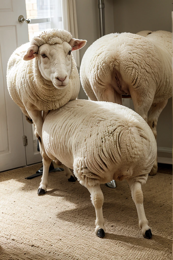 Sheep with two legs in front and one leg in back