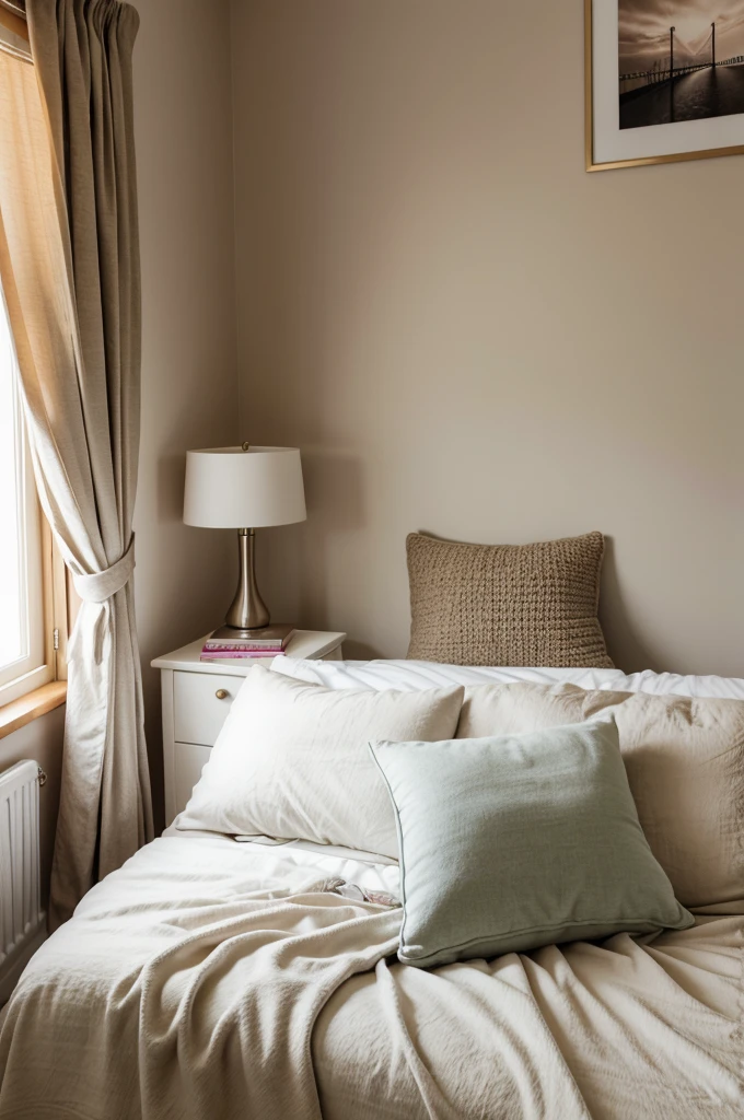 Emily's cozy bedroom, softly lit by a bedside lamp.