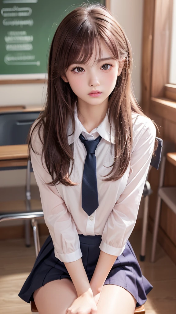 (Showing off panties:1.2), (Professional portrait, Realistic and perfectly shaped subjects:1.3), (masterpiece, highest quality:1.2), (Realistic, Ultra-realistic, Realistic:1.3), (ultra High resolution), High resolution, Intricate details, Super detailed, (Highly detailed CG, unity 8k wallpaper:1.3), Clear image,
break
(1 Japanese girl, 16 years old), (cute, Slender figure), (Perfect Anatomy, Correct limbs:1.2), (Perfect hands), Perfect Arms, Beautiful and delicate face down to the last detail, Beautiful and delicate eye and eye highlights, (Very thin and delicate、not too long lashes), (Captivating eyes, Beautifully detailed eyes and face), light makeup, Pink Lip, Lip gloss, Stylish face, (Shiny skin, Realistic skin detail), Brown Hair, medium chest
break
((school uniform)), (High school girl), (Black socks), shirt open
break
classroom, Sitting in a chair, (Cowboy Shot), break
(((blush:1.4))), ((Embarrassing:1.4)), (((shy:1.5)))
break
from below
break