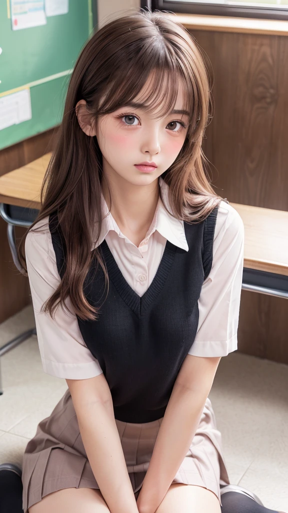young woman, 18-year-old, Long purple hair, Wear a sailor uniform, sitting in classroom (School 1.5 in the background) (Serious expression, Cold 1.5) (Highest quality: 1.1) (masterpiece: 1.3) with an unparalleled masterpiece, Surreal 8K, Perfect artwork, Very detailed, Highest quality, masterpiece 4K wallpaper aesthetics, masterpiece, Award-winning works, Official Art, Cinema Lighting