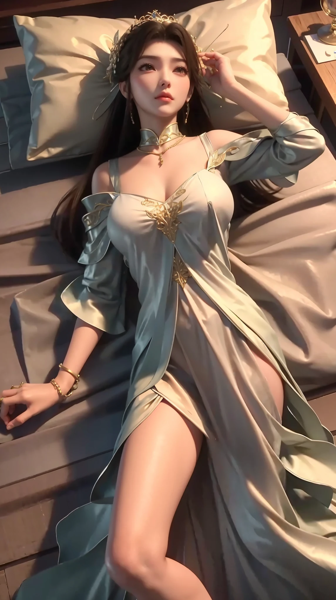 一个女孩Lying in bed，Dressed in suspender pajamas，Face up，Raise your legs slightly，Front view super detailed beautiful big breasted girl . Ultra HD, 4K, 8K, Movie，whole body，Lying down，Long legs，Very big breasts，whole body捕捉，（（（Lying in bed））），（（（whole bodyLying in bed））），big bed，Off-shoulder，Shoulder-length skirt，Lying in bed，Sleeping on the pillow，Lying down，Headrest pillows，（（（平Lying in bed））），whole body平Lying in bed