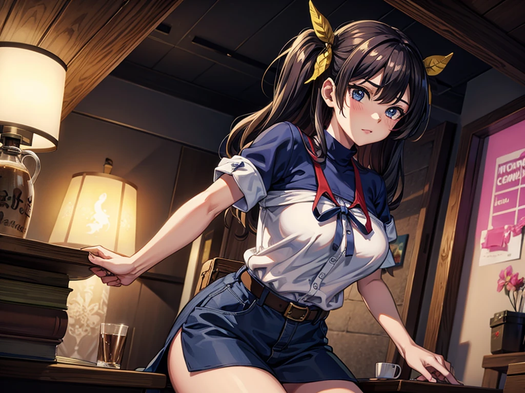 (masutepiece, Best Quality), extra detailed face, Eyes with beautiful details, of the highest quality, brunette hair, Beautiful face, nipple, one more one girl, A man rubs his chest, bow ribbon, braid,
