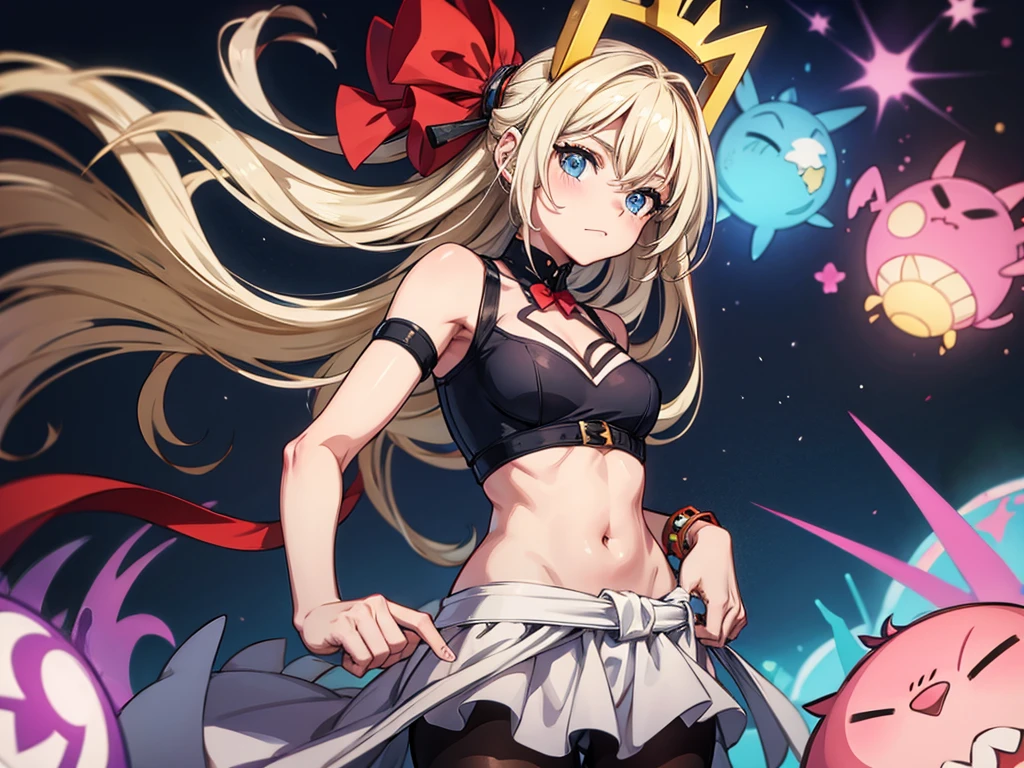 character sheet, Highly detailed and realistic CG, Colorful, Masterpiece, Best Quality, jewel-like eyes, 1girl, solo, blonde hair, shiny hair, long straight hair, drill hair, long twintails, slender, skinny legs, succubus costume, layered mini skirts, luxury boots, violet eyes, flat chest, separated sleeves, smirk, smile, jitome, half-closed eyes, tsurime, simple background, from pov, best quality eyes, sharp teeth, tsundere, stylish pose, floating, jumping, (dark skin:1.2), succubus headdress, succubus wings, succubus tail, heart choker, navel, belly button, mesugaki, teasing, smug, Genshin impact, cute girl, petite, open mouth, fangs, tongue, pointy ears,