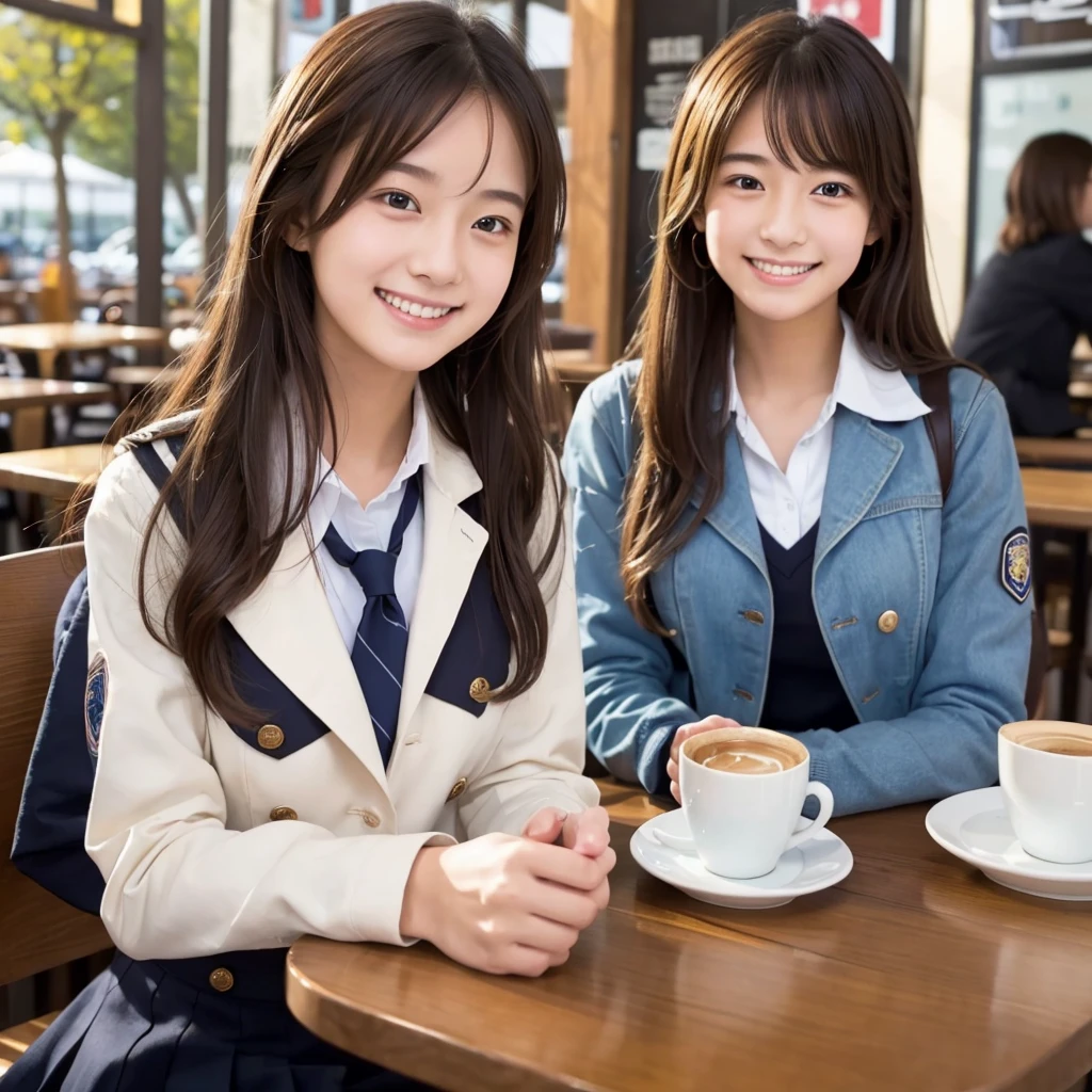 A high school girl at a cafe with her uniform jacket unbuttoned、Her breasts are in full view、She is smiling and is photographed alone.