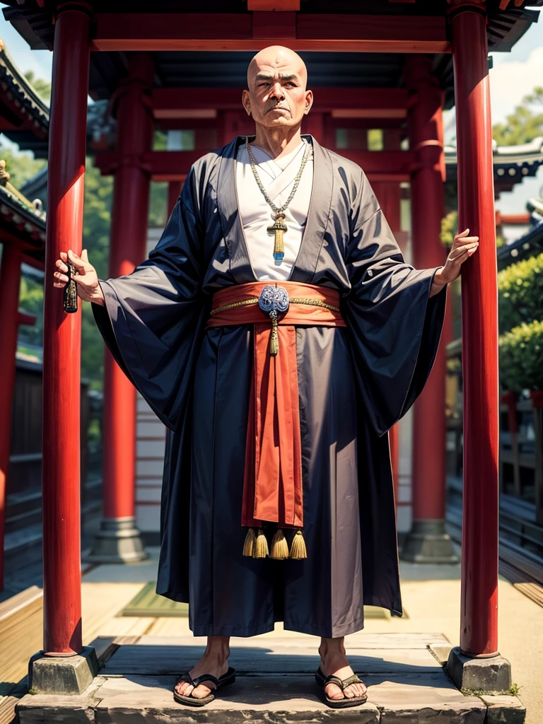 Highest quality,Highest Resolution,An old monk holding a rosary,Temple grounds,Japan,Skinhead,Standing posture,Crystal Jade,Boxing,