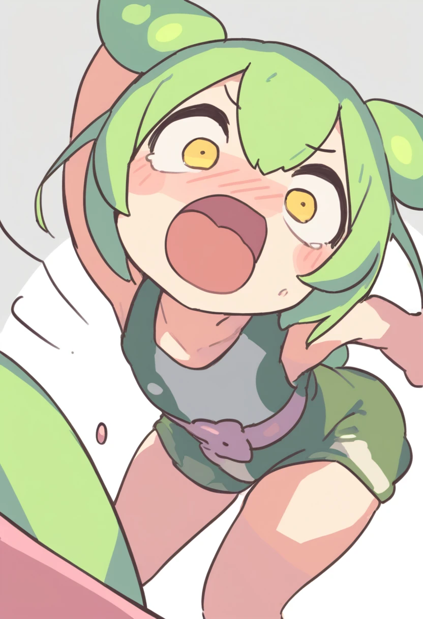One girl,Zundamon,Voice Box ,Green Hair,、Wide open mouth、Surprised face、Jaw detached、Funny Face,Simple white background、No text、Panic