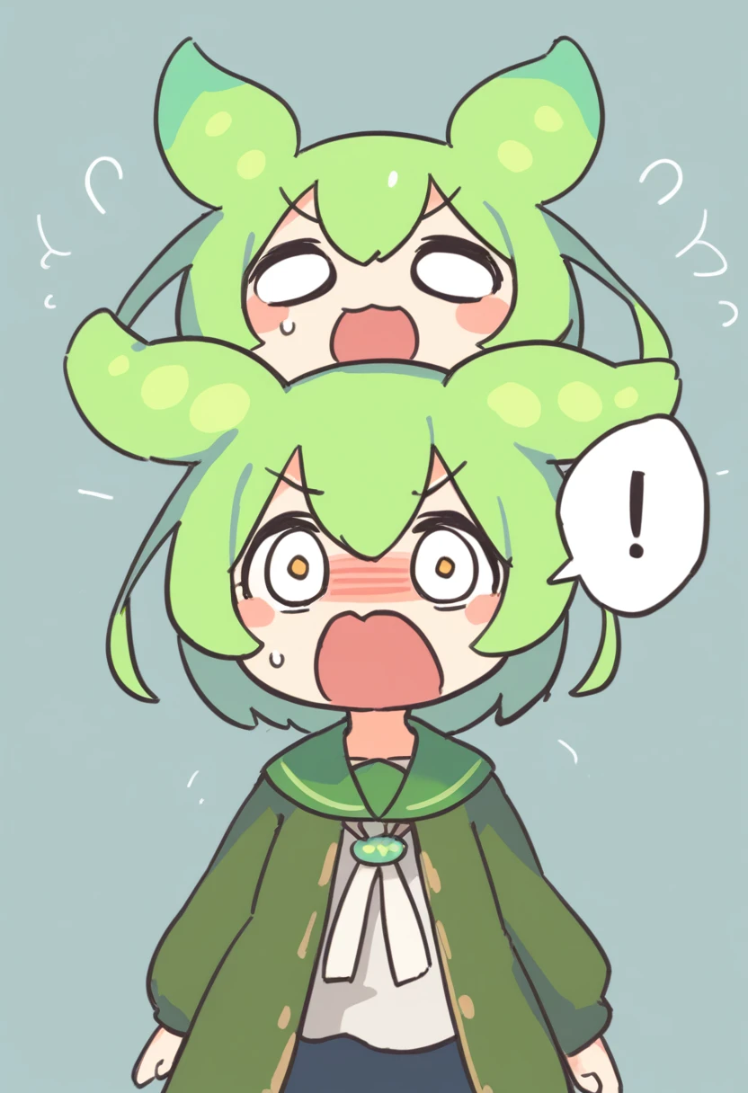 One girl,Zundamon,Voice Box ,Green Hair,、Wide open mouth、Surprised face、Jaw detached、Funny Face,Simple white background、No text、Panic