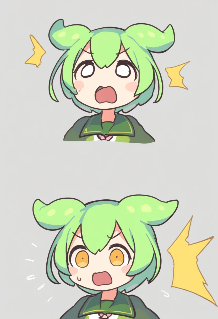 One girl,Zundamon,Voice Box ,Green Hair,、Wide open mouth、Surprised face、Jaw detached、Funny Face,Simple white background、No text、Panic