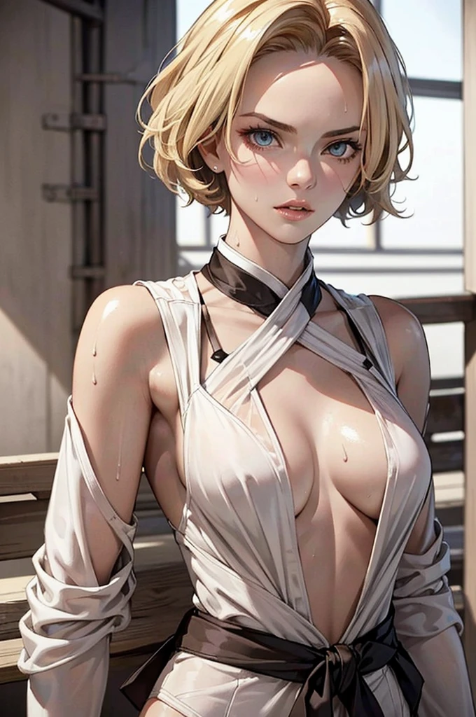 ((perfect anatomy:1.2,realistic:1.3,RAW Photography:1.3,masterpiece、highest quality、Ultra - High resolution、High resolution、Highly detailed CG、8K)),cowboy shot,1 female,solo,18-year-old、High school girl beautiful girl, Japanese,((beautiful detailed face and eyes:1.2,big gorgeous eyes:1.3,)),blonde hair,short hair,(center parted hair:1.4,forehead),large breasts,slender body,small head:1.3,skinny,(brown skin:1.3),(oily skin,gleaming skin,shiny skin,sweat)