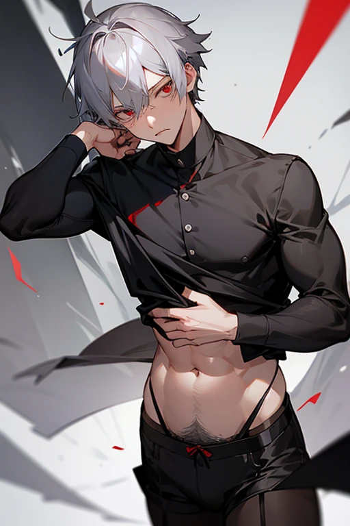 male、Gray Hair、Gray Hair、short hair、Red Eye、冷血なmale、good looking、Cold Face、Well-formed face、Well-built、In the middle of changing、Belly out、Roll up your black shirt、turn over、sexy、garter belt、Confused face、Expressionless、Encountered changing clothes、Sudden developments、
