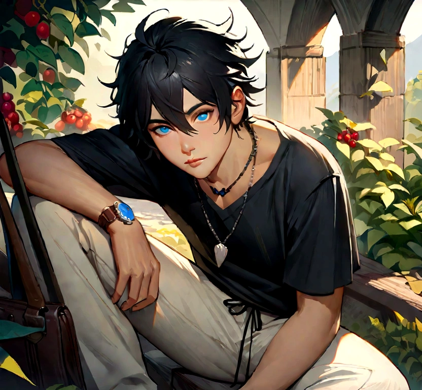 1boy, apple, bag, bangs, berry, black hair, black shirt, blue eyes, hair between eyes, jewelry, leaf, looking at viewer, male focus, necklace, pants, shirt, solo, watch, white pants, wristwatch, messy hair, trending on artstation, 8k resolution, highly detailed, anatomically correct, sharp image, digital painting, concept art, trending on pixiv, style of makoto shinkai,