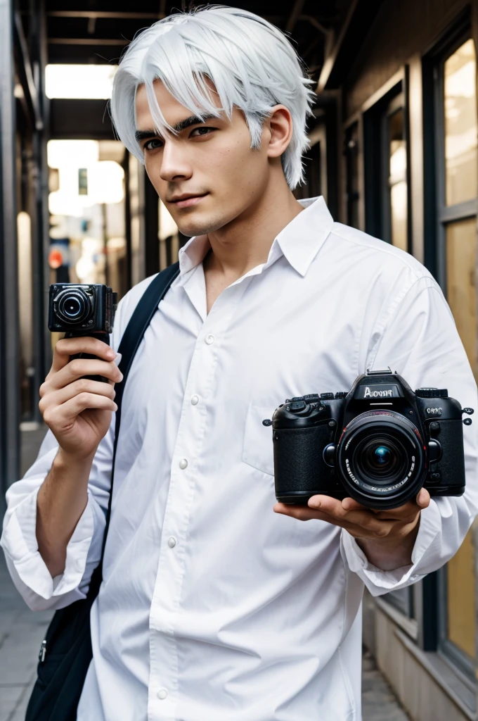 
Anime man with white hair holds a camera in his hand.
