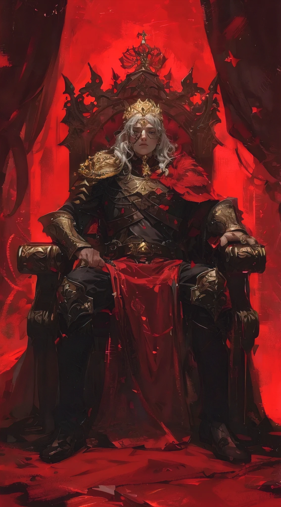 cinematic high fantasy portrait of a king sitting on his throne, detailed facial features, piercing eyes, ornate crown, luxurious velvet robes, intricate gold embroidery, dramatic lighting, chiaroscuro, dramatic shadows, highly detailed, 8k, photorealistic, masterpiece