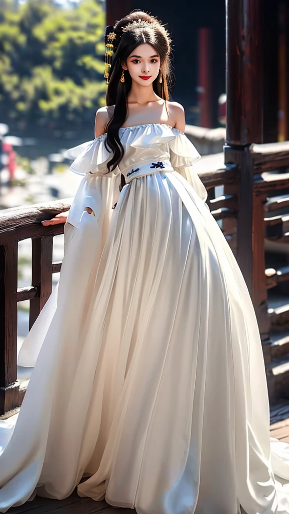 Girl in traditional Chinese clothing, Hanfu, Guzhen Hanfu women, White Hanfu,long straight black hair, black eyes, black bun hairstyle, hair accessories ,white diamond earrings, Bangle Diameter, Dia Necklace, Clear eyes, Facing forward,put on makeup, Long eyelashes ,(Long shoulder coat:1.5), (long white skirt:1.5), ((Whole body)), ((from below))ฃ, Clear face, , (Very beautiful face, Beautiful mouth, beautiful eyes), detailed face, ((Ultra-fine skin)), In the dark, deep shadows, an ancient Chinese girl (Very slim figure 1.3) ,Plump breasts, sexy slender legs elegant posture (smile brightly) ,(slum:1.5),