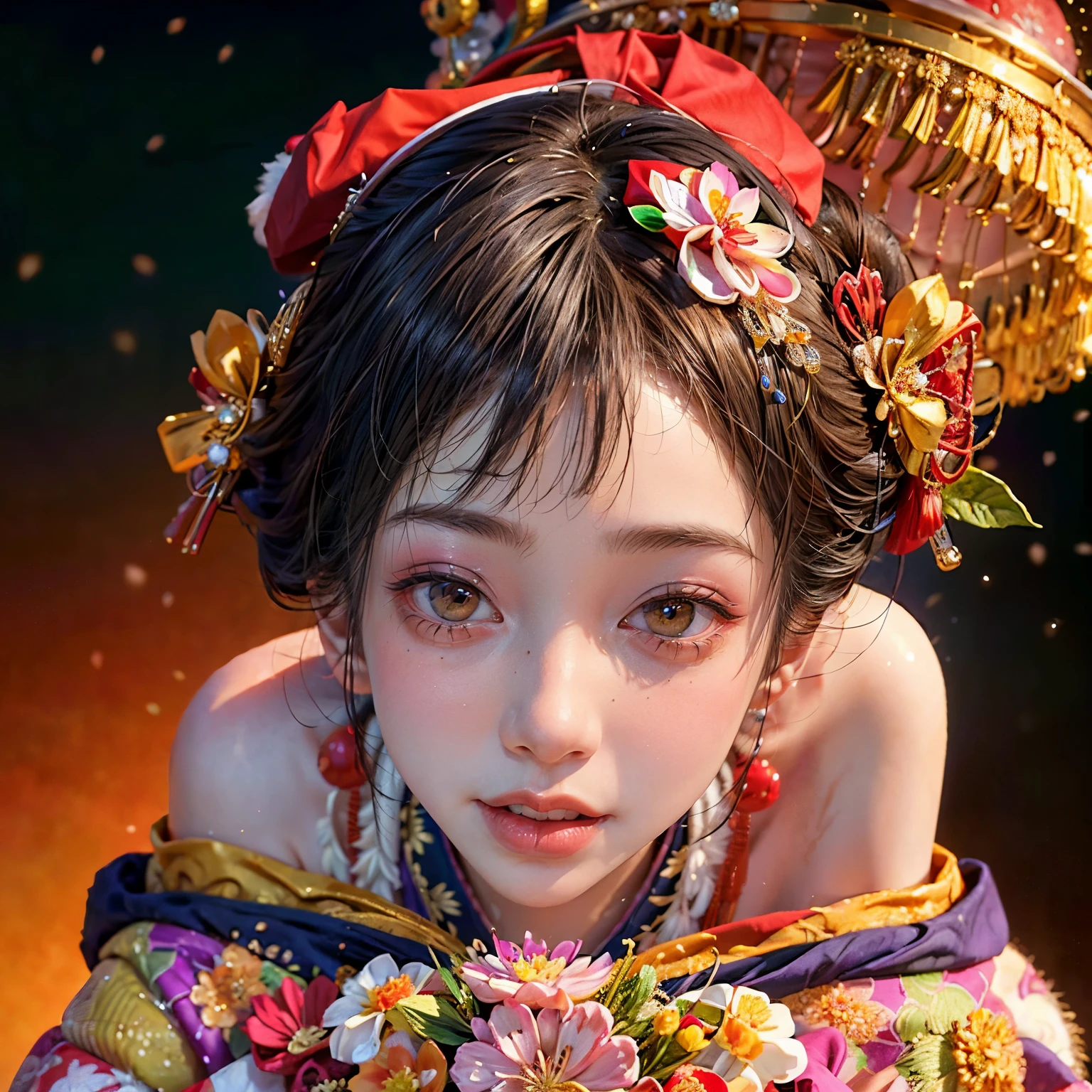 (PUNIPUNI clavicle KIMONO ((offshoulder)) KANZASHI FlowerHairpins Topknot TwinBun Oiran-Hair)High-level, 8K Masterpiece TopQuality, Ultra-detailed CG, Absurd detailed wallpaper, PerfectLighting, Extremely detailed (((Personifying " OIRAN " as a KAWAII Girl))), Characteristic Items, aesthetic LifeLike Rendering, MysticSight, Haze Tyndall Scattering, (Studio DARK Background with (Oodles Dazzling Iridescent 🌈Particles (BokeH))), (((Assfocus)) RoundlyButt) ThighGap, (Exposed:0.44) 🔞 BREAK (Acutance:0.8), (NOGIZAKA FaceVariations) Extremely Detailed very KAWAII FaceVariations, Childish CaptivatingGaze ElaboratePupils ParfectEyes with (SparklingHighlights:1.28), (Voluminous LongEyelashes:0.88), 💄💋✨ GlossyRedLips with BeautifulDetails, CoquettishTongue, PUNIPUNI RosyCheeks, Radiant PearlSkin with Transparency, Glowing DowneyHair . { (Dynamic LifeLike expressions:1.4) | (:d) }, (large eyes:-1) .
