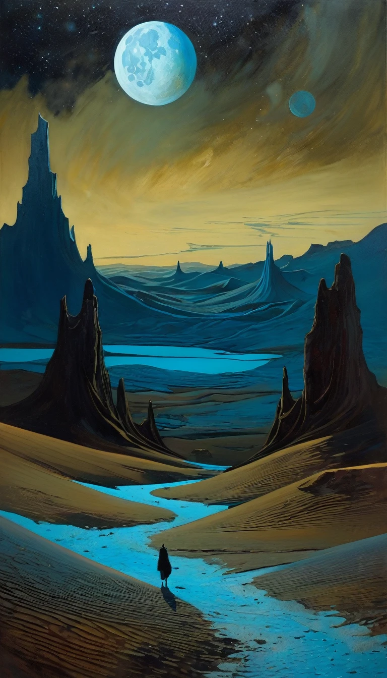 Magic, night, cintaminatef world, desert, moons, great landscape, dave mckean inspired, oil painted