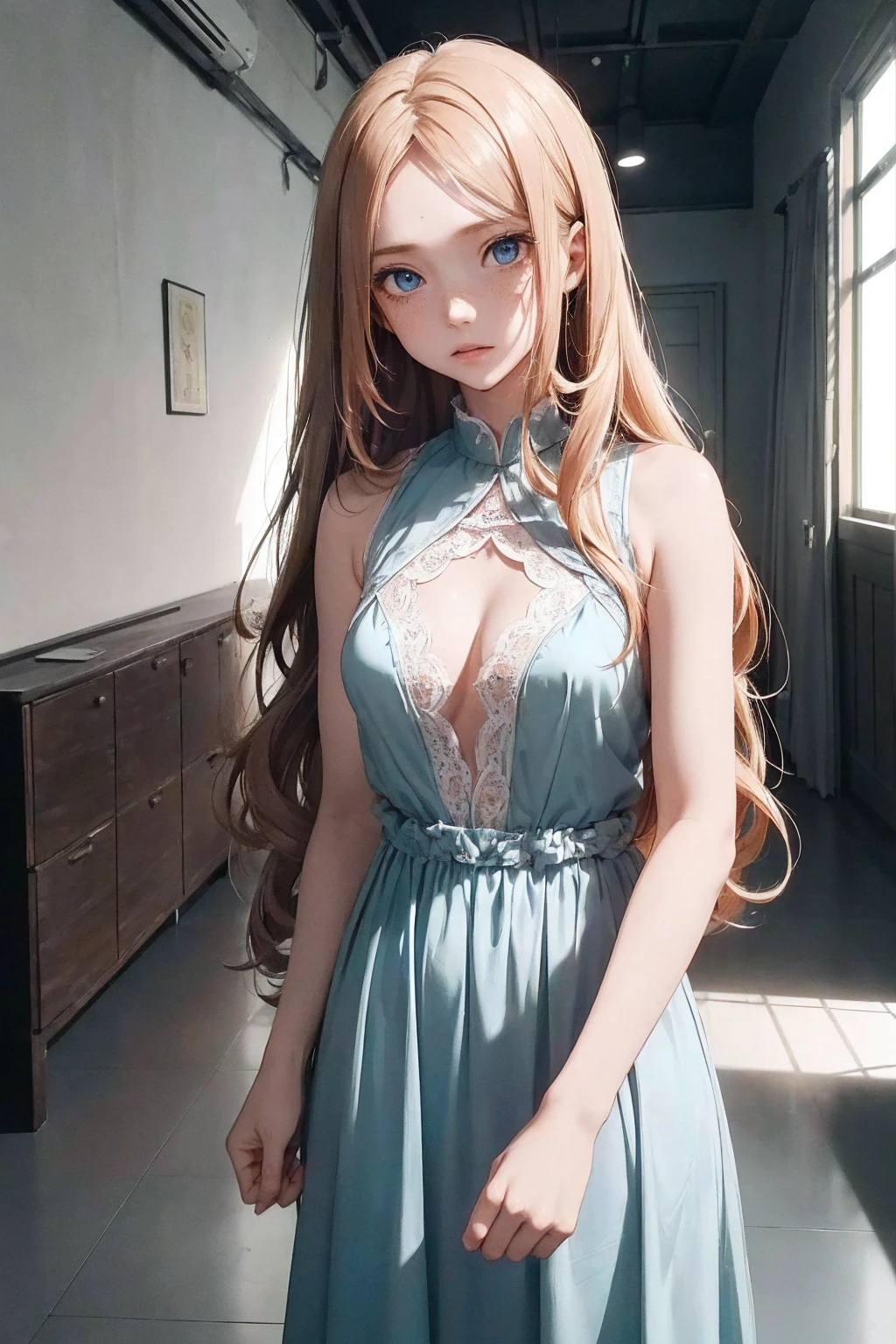 ((1 Female, 1 person, Solitary) Alice,  Humanity, Long curly blond hair, blue eyes, freckle, teenager, 18 years, Rebirth_ongoing) (Main Part, Super detailed, 8K, (HD, Sunlight:0.5, Soft_shadow:0.5, atmosphere_light, 8K, 4K, Surrealism, elegant, ((((Appearance)))), Soft Ton, 柔和的light))(((Dark, Chiaroscuro)))