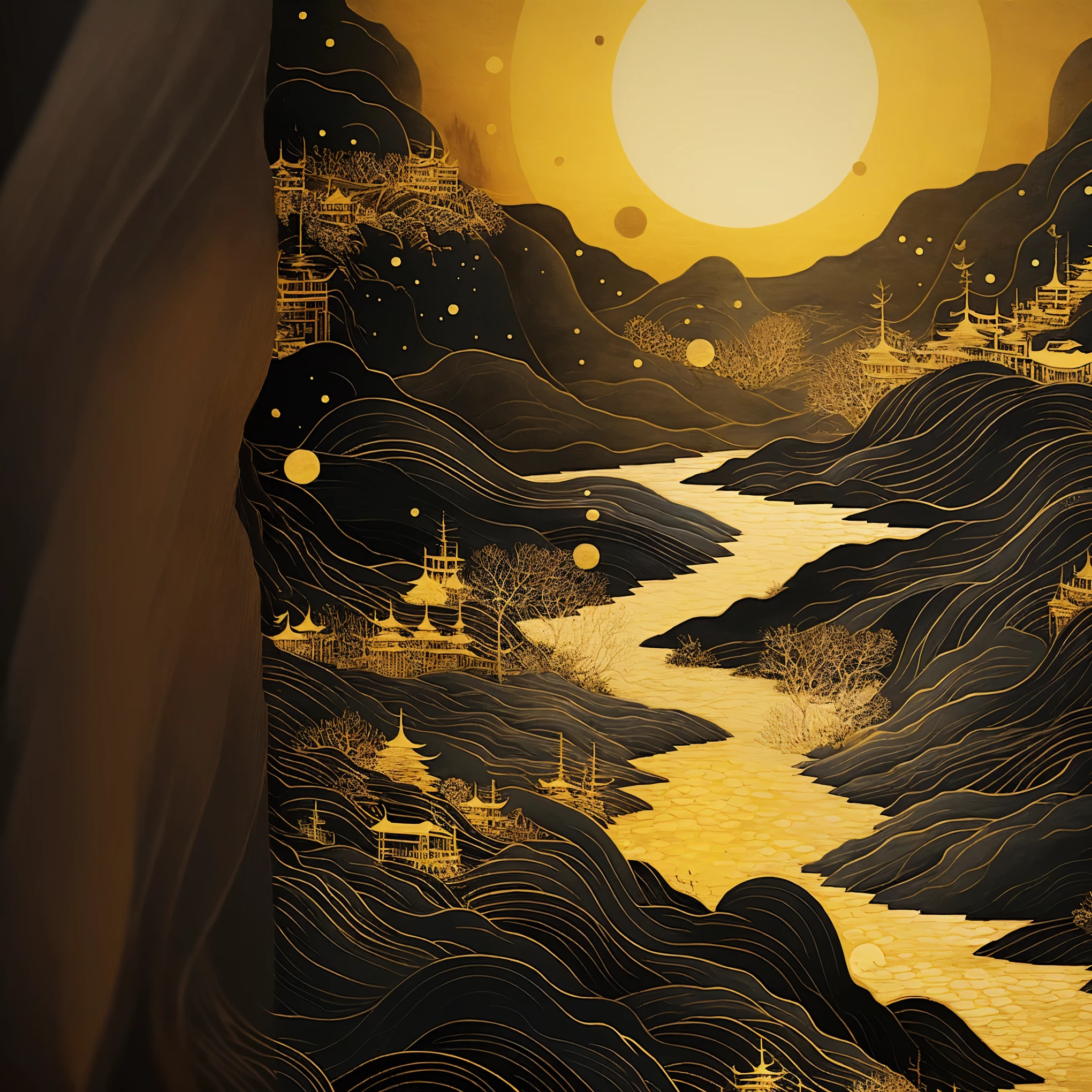 There is a painting,There is a river running through the valley in the painting, 4k Highly detailed digital art, A beautiful artistic illustration, Chinese scenery, Landscape Art Detail, Just a joke, Beautiful and meticulous illustrations, 4K Fine Digital Art, Detailed Dreams, Highly detailed digital artwork, Very detailed illustrations, Very detailed illustrations, Highly detailed digital art, Intricate ink painting details