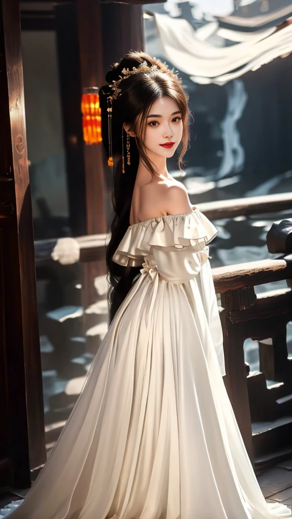 Girl in traditional Chinese clothing, Hanfu, Guzhen Hanfu women, White Hanfu,long straight black hair, black eyes, black bun hairstyle, hair accessories ,white diamond earrings, Bangle Diameter, Dia Necklace, Clear eyes, Facing forward,put on makeup, Long eyelashes ,(Long shoulder coat:1.5), (long white skirt:1.5), ((Whole body)), ((from below))ฃ, Clear face, , (Very beautiful face, Beautiful mouth, beautiful eyes), detailed face, ((Ultra-fine skin)), In the dark, deep shadows, an ancient Chinese girl (Very slim figure 1.3) ,Plump breasts, sexy slender legs elegant posture (smile brightly) ,(slum:1.5),
