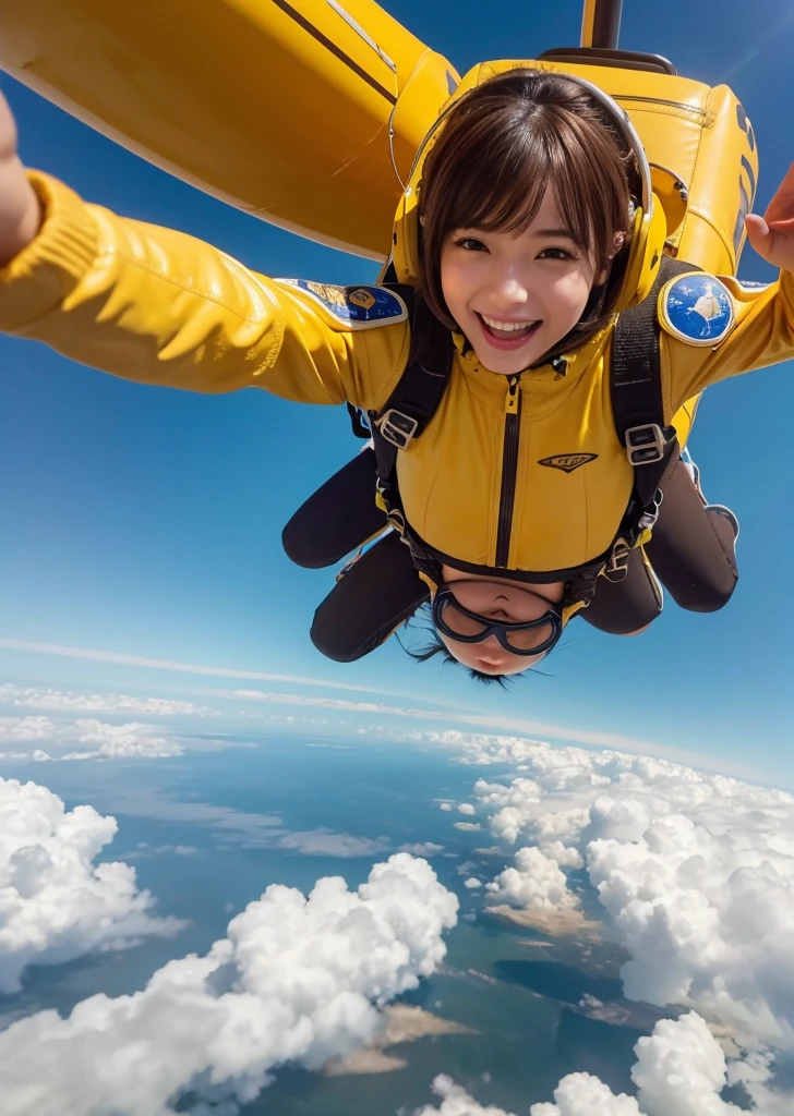 Eat pancakes,Flat Chest、(Slim body)、((Slim body))、Long Hair,Straight Bangs,Embarrassing,masterpiece,(((Brown Hair)))、A WOMAN skydiving in air in lots of yellow clouds 、hawai , ((masterpiece)), ((Highest quality))), ((Super detailed)), 超High resolution, 8K, ((High resolution))), ((figure)), ((Realistic)), A woman in a yellow space suit skydiving into the air、Taking a selfie in a floating city, Background Show (Highest quality,4K,8K,A High resolution,masterpiece:1.2), Super detailed,(Realistic,PhotoRealistic,photo-Realistic:1.37), Futuristic floating city, Future Technology, Huge high-tech tablet platform,Floating in the sky, Future City, Small airships all around, High-tech hemispherical platform, A city floating on many yellow clouds, A city on a dusty cloud, Yellow clouds at the bottom, Golden orange yellow ,sunset, Hot Weather, The enthusiasm of girls taking selfies, laughing, Girl in a yellow space suit, Dusty environment, hot summer, Desert Weather. 魚眼figure, Cloudy