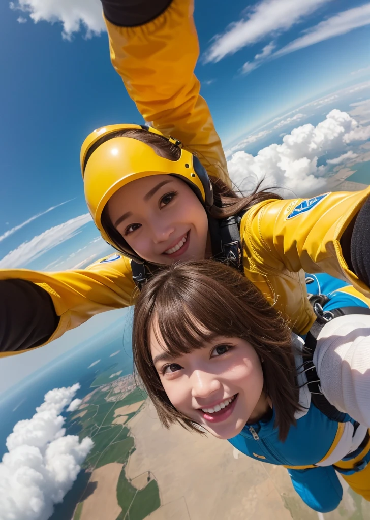 Eat pancakes,Flat Chest、(Slim body)、((Slim body))、Long Hair,Straight Bangs,Embarrassing,masterpiece,(((Brown Hair)))、A WOMAN skydiving in air in lots of yellow clouds 、hawai , ((masterpiece)), ((Highest quality))), ((Super detailed)), 超High resolution, 8K, ((High resolution))), ((figure)), ((Realistic)), A woman in a yellow space suit skydiving into the air、Taking a selfie in a floating city, Background Show (Highest quality,4K,8K,A High resolution,masterpiece:1.2), Super detailed,(Realistic,PhotoRealistic,photo-Realistic:1.37), Futuristic floating city, Future Technology, Huge high-tech tablet platform,Floating in the sky, Future City, Small airships all around, High-tech hemispherical platform, A city floating on many yellow clouds, A city on a dusty cloud, Yellow clouds at the bottom, Golden orange yellow ,sunset, Hot Weather, The enthusiasm of girls taking selfies, laughing, Girl in a yellow space suit, Dusty environment, hot summer, Desert Weather. 魚眼figure, Cloudy