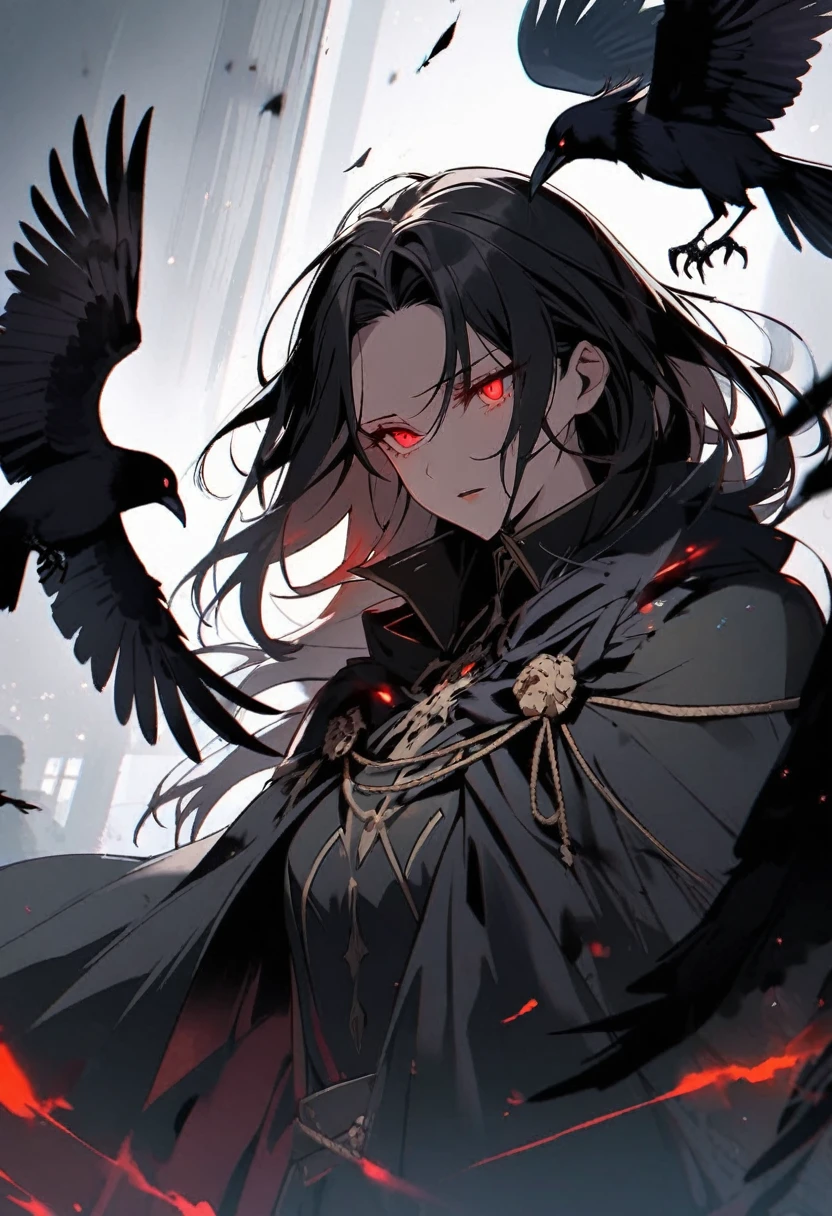 woman, red eyes, black hair, crow, glowing eyes, parted bangs, death, cloak