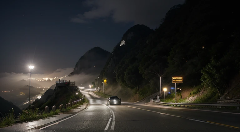 A car is driving on a mountain road in northern Thailand. At night, there are people waving on the side of the road. There is fog. 70&#39;s movie. Dim light.