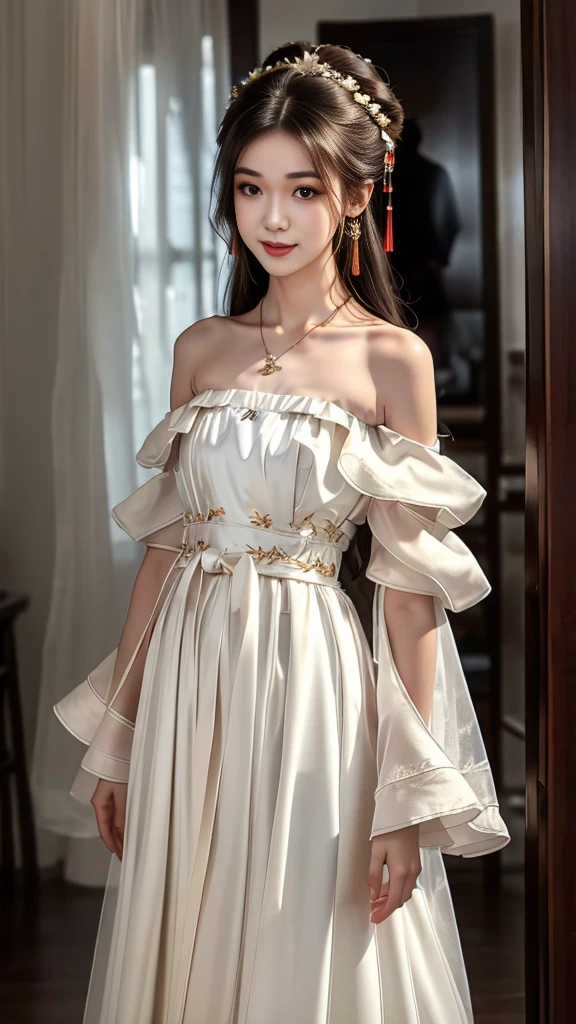 Girl in traditional Chinese clothing, Hanfu, Guzhen Hanfu women, White Hanfu,long straight black hair, black eyes, black bun hairstyle, hair accessories ,white diamond earrings, Bangle Diameter, Dia Necklace, Clear eyes, Facing forward,put on makeup, Long eyelashes ,(Long shoulder coat:1.5), (long white skirt:1.5), ((Whole body)), ((from below))ฃ, Clear face, , (Very beautiful face, Beautiful mouth, beautiful eyes), detailed face, ((Ultra-fine skin)), In the dark, deep shadows, an ancient Chinese girl (Very slim figure 1.3) ,Plump breasts, sexy slender legs elegant posture (smile brightly) ,(slum:1.5),