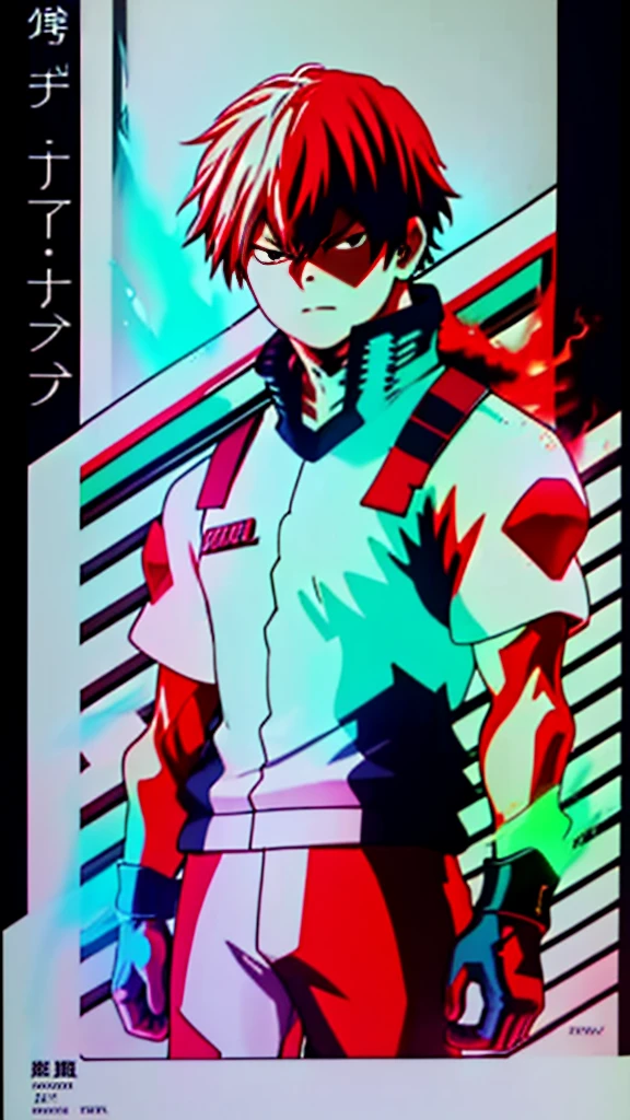 Shoto Todoroki,neon glow effect,half ice half fire,ice side with frosty blue and white,fire side with vibrant red and orange flames,dynamic pose,detailed background,complementary neon glow effects,masterpiece,best quality,8k,photorealistic,ultra-detailed,concept art,digital painting