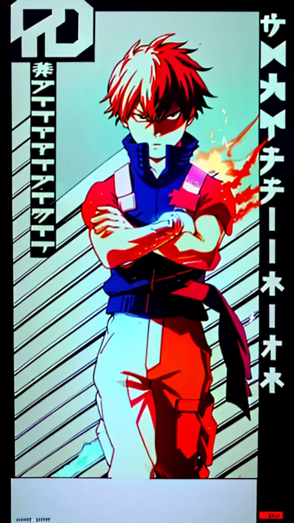 Shoto Todoroki,neon glow effect,half ice half fire,ice side with frosty blue and white,fire side with vibrant red and orange flames,dynamic pose,detailed background,complementary neon glow effects,masterpiece,best quality,8k,photorealistic,ultra-detailed,concept art,digital painting