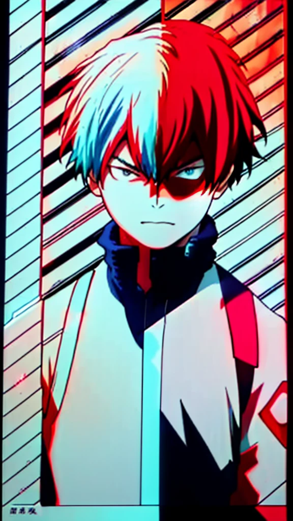 Shoto Todoroki,neon glow effect,half ice half fire,ice side with frosty blue and white,fire side with vibrant red and orange flames,dynamic pose,detailed background,complementary neon glow effects,masterpiece,best quality,8k,photorealistic,ultra-detailed,concept art,digital painting