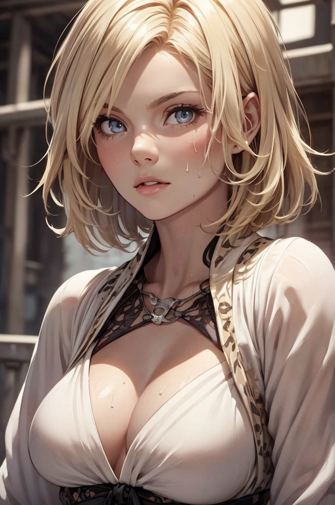 ((perfect anatomy:1.2,realistic:1.3,RAW Photography:1.3,masterpiece、highest quality、Ultra - High resolution、High resolution、Highly detailed CG、8K)),cowboy shot,1 female,solo,18-year-old、High school girl beautiful girl, Japanese,((beautiful detailed face and eyes:1.2,big gorgeous eyes:1.3,)),blonde hair,short hair,(center parted hair:1.4,forehead),large breasts,slender body,small head:1.3,skinny,(brown skin:1.3),(oily skin,gleaming skin,shiny skin,sweat)