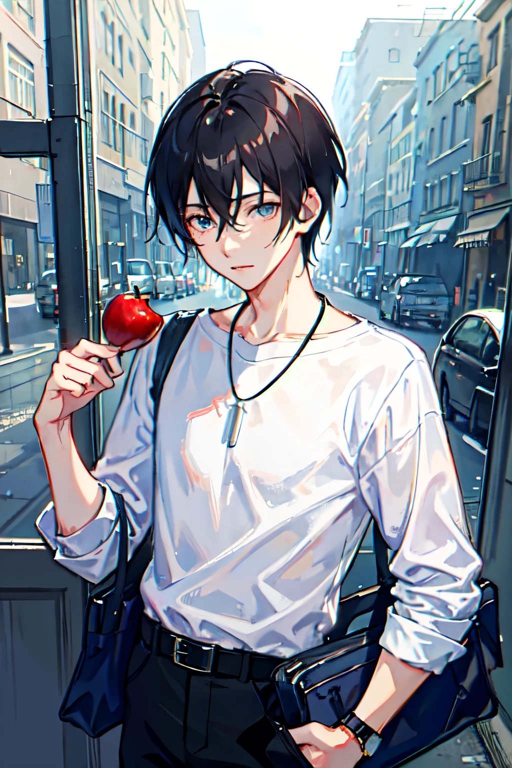 1boy, apple, bag, bangs, berry, black hair, black shirt, blue eyes, hair between eyes, jewelry, leaf, looking at viewer, male focus, necklace, pants, shirt, solo, watch, white pants, wristwatch, messy hair, trending on artstation, 8k resolution, highly detailed, anatomically correct, sharp image, digital painting, concept art, trending on pixiv, style of makoto shinkai,